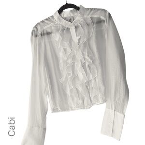 CABI WHITE LONG SLEEVE RUFFLE FRONT NOBLE BLOUSE #4537 BUTTON UP | MEDIUM